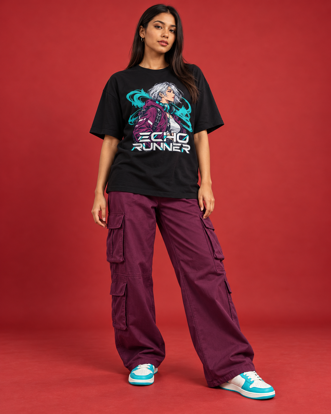 ECHO RUNNER women's black oversized anime tee front