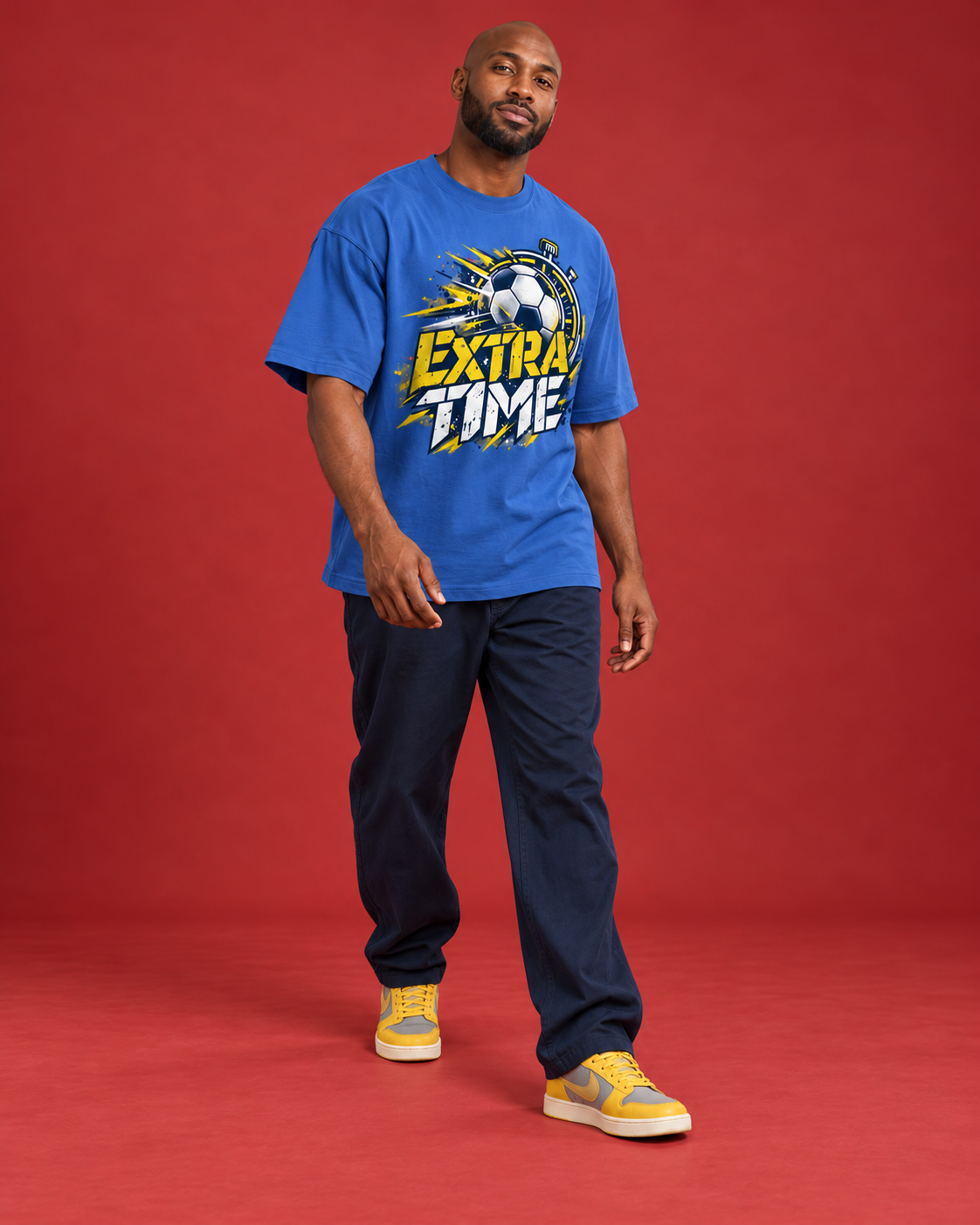 EXTRA TIME blue men's tee walking three-quarter view
