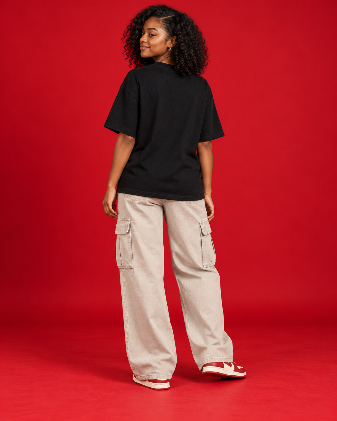 Good Vibes women's black oversized T-shirt plain back view