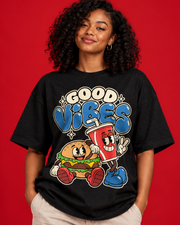 Good Vibes women's black oversized tee close-up cream blue lettering burger and red drink retro print cotton folds