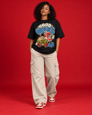 Good Vibes women's black oversized tee retro burger and drink cup illustration cream blue typography front print