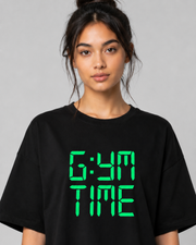 GYM TIME Women's Black Oversized T-Shirt Close-Up View