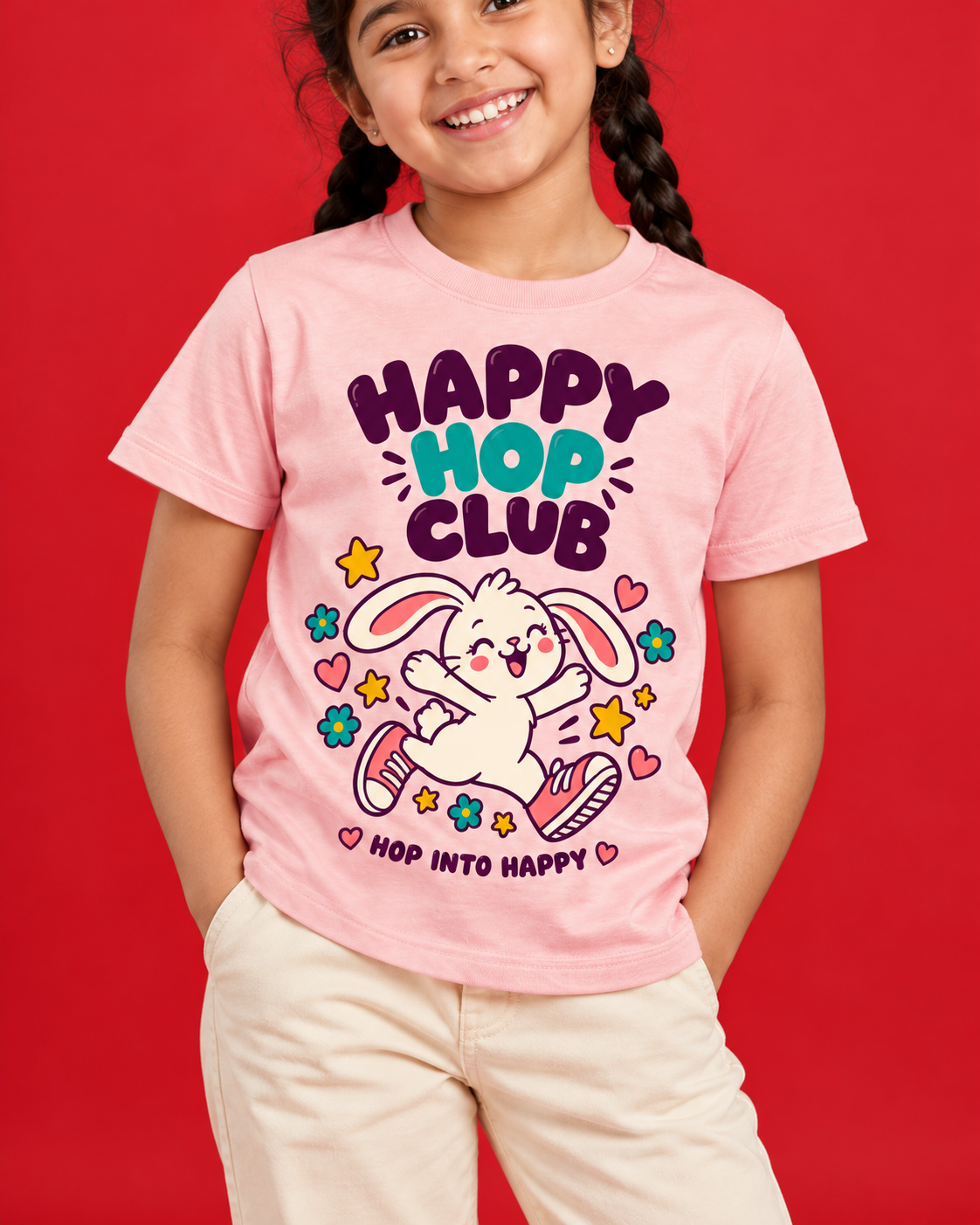 Happy Hop Club pink kids tee closeup
