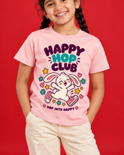 Happy Hop Club pink kids tee closeup