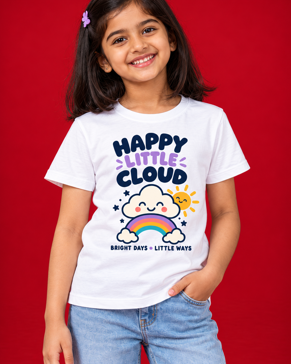 Happy Little Cloud white kids tee closeup