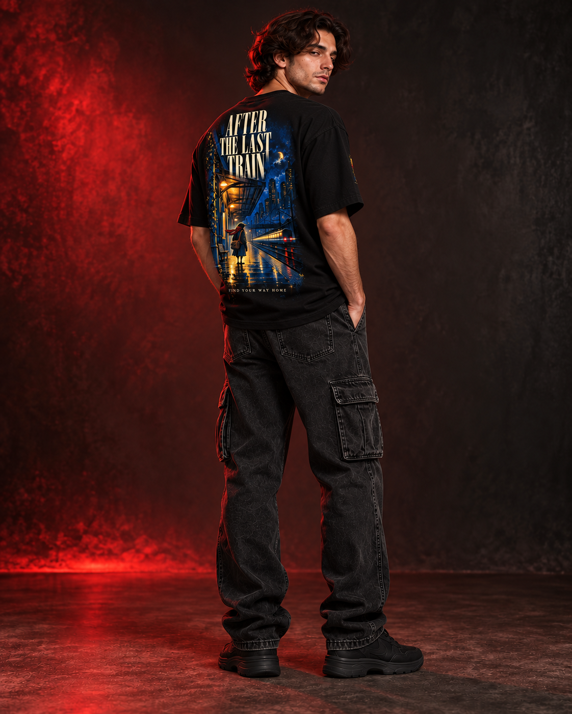 Three quarter back view on model