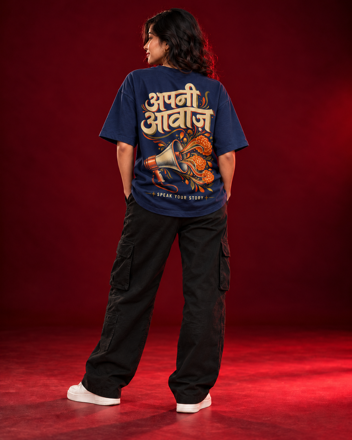 APNI AAWAZ navy oversized T-shirt back view, natural fabric drape