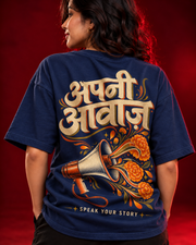 APNI AAWAZ navy oversized T-shirt detail view, natural fabric drape