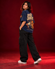 APNI AAWAZ navy oversized T-shirt side view, natural fabric drape