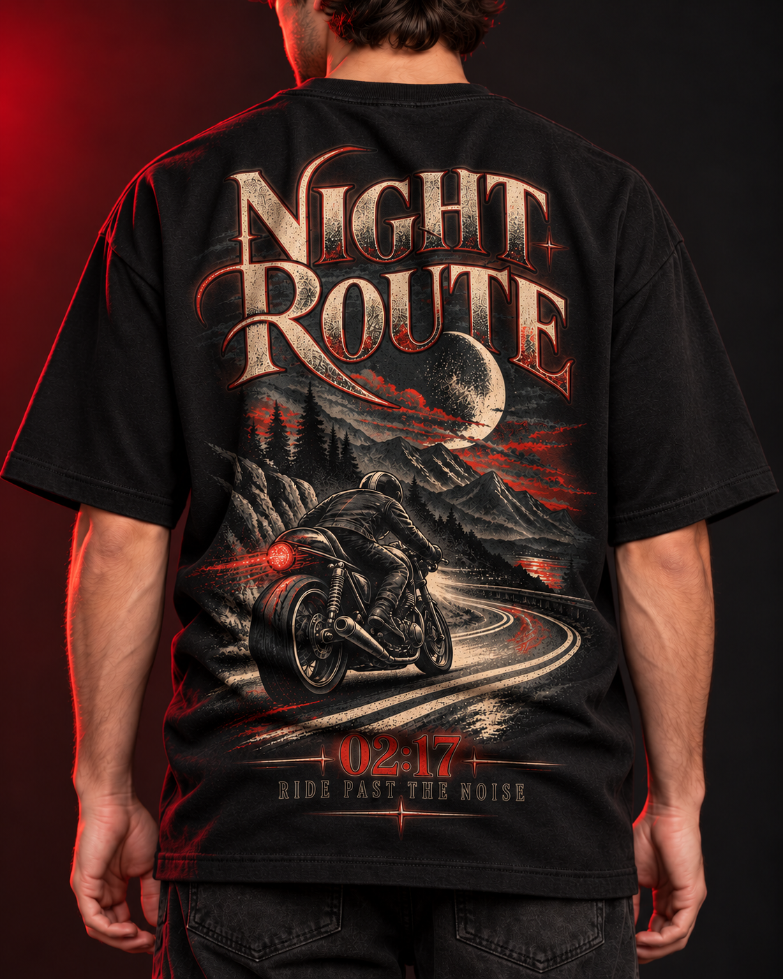 Night Route 02:17 black oversized T-shirt detail view