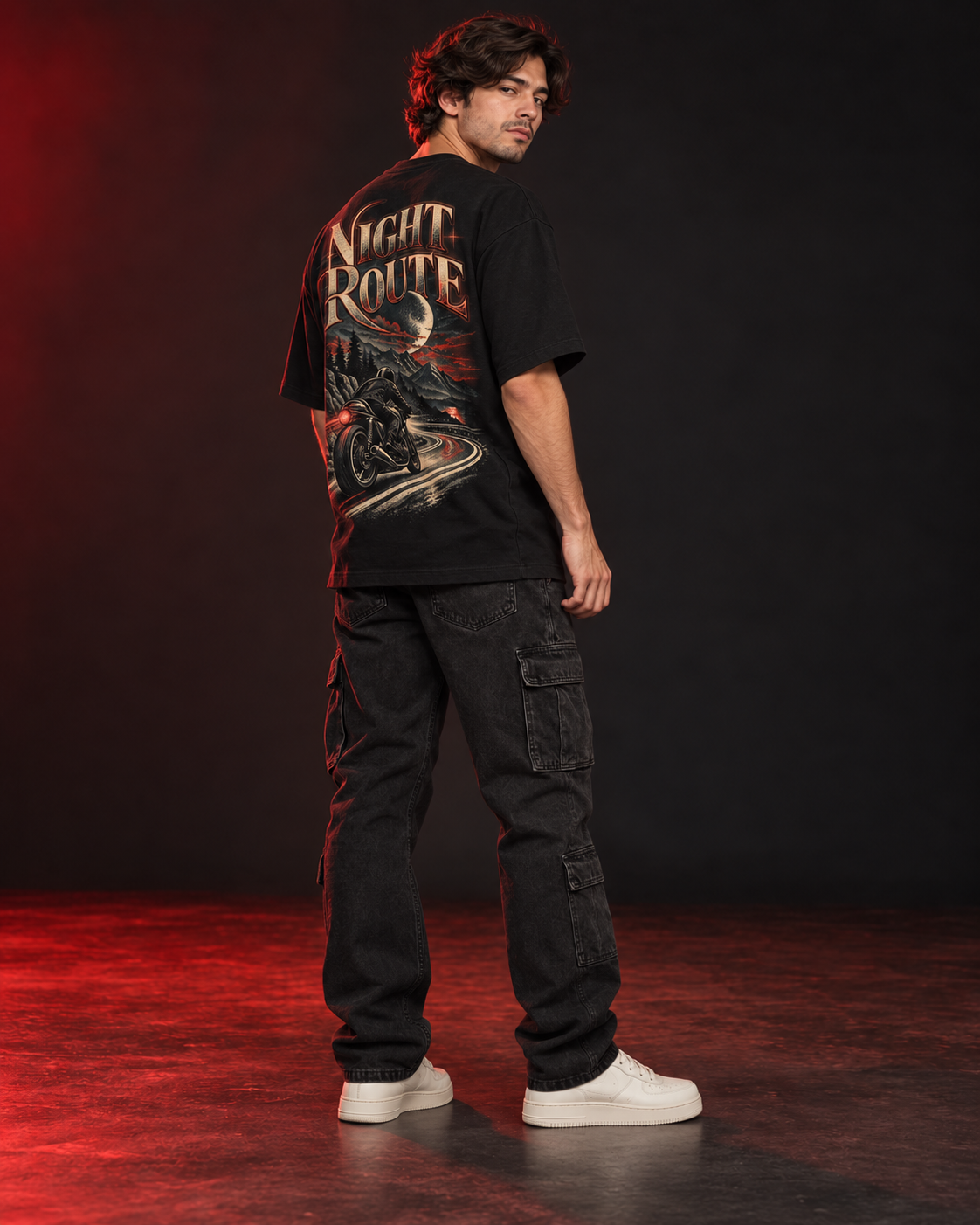 Night Route 02:17 black oversized T-shirt side view