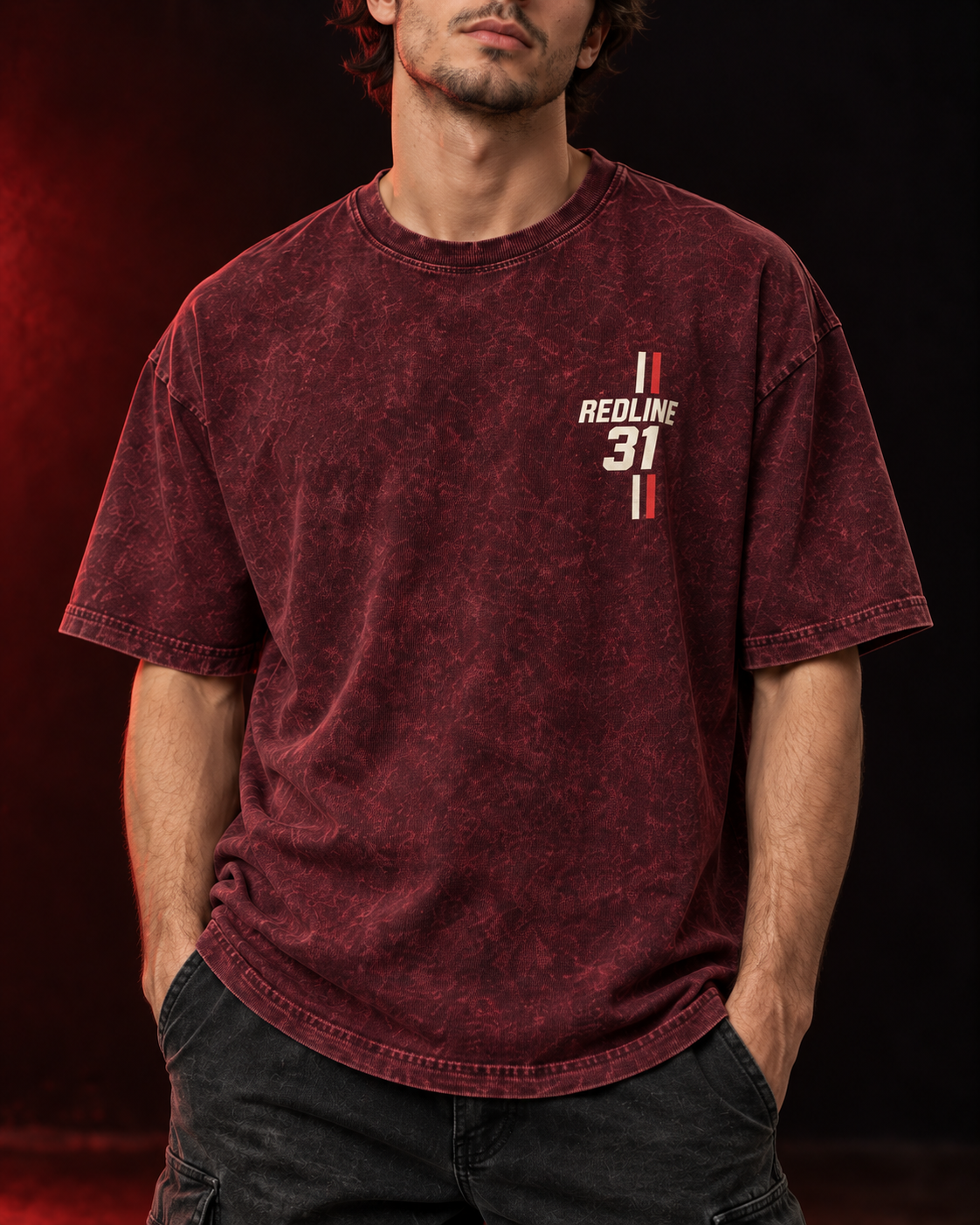 REDLINE SERVICE 31 burgundy acid-wash tee detail view