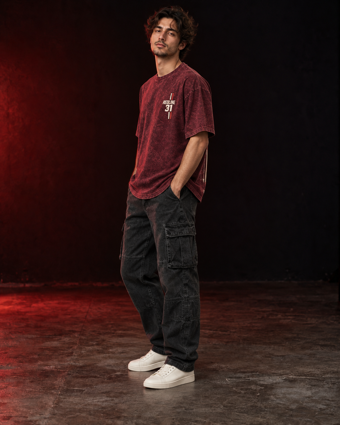REDLINE SERVICE 31 burgundy acid-wash tee side view