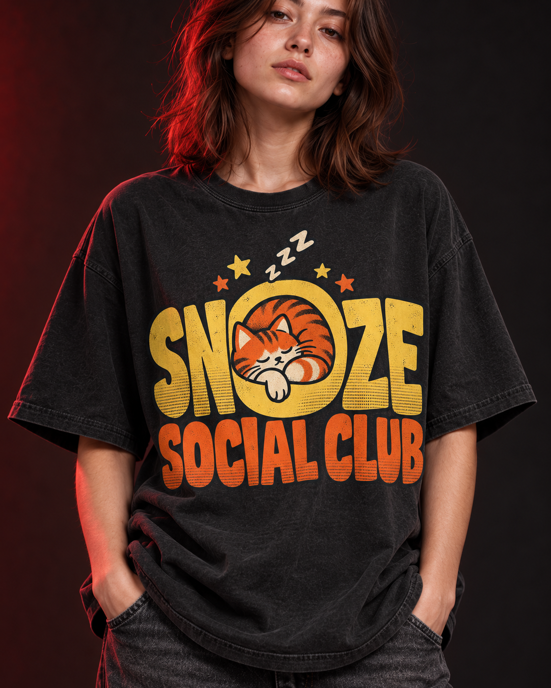 Snooze Social Club charcoal oversized T-shirt detail view