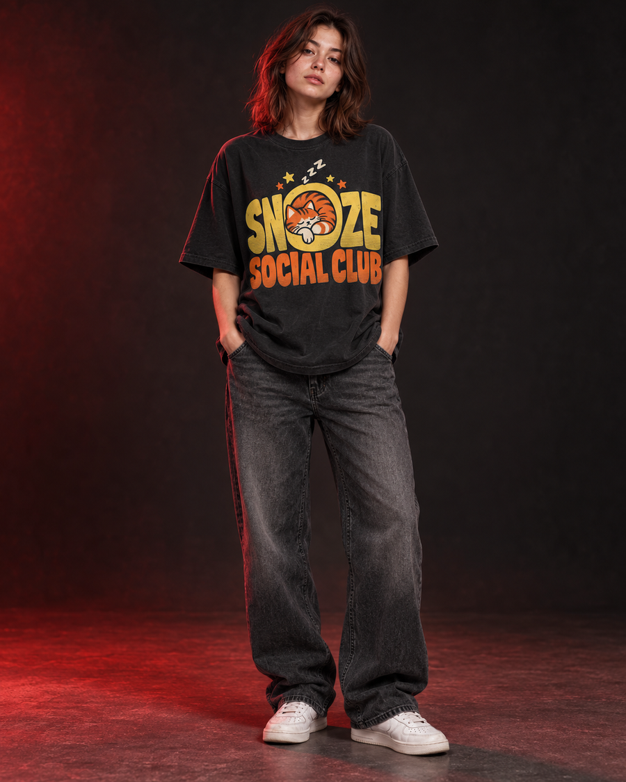 Snooze Social Club charcoal oversized T-shirt front view