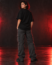 Plain black back of oversized tee