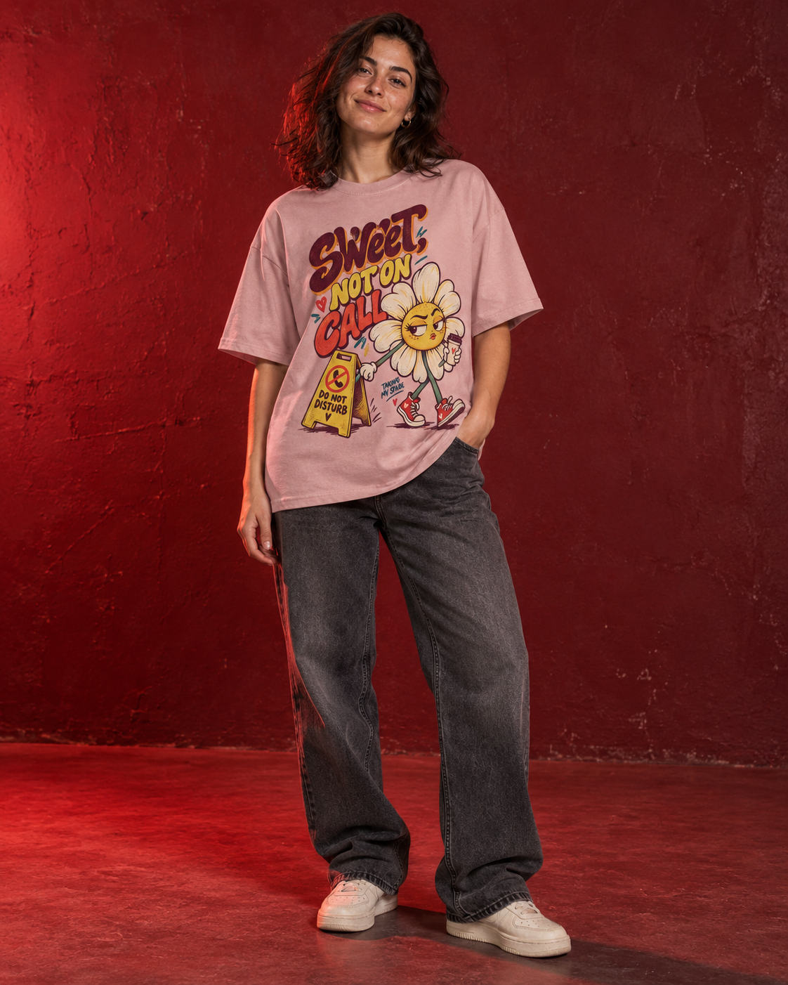 Pink oversized tee front with SWEET NOT ON CALL daisy graphic