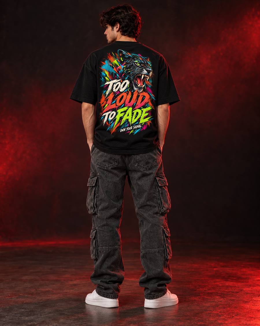 Back view showing colourful panther TOO LOUD TO FADE print