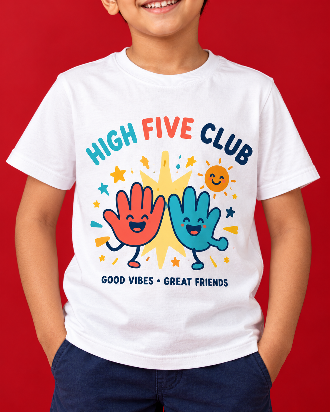 High Five Club white kids tee print closeup