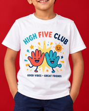 High Five Club white kids tee print closeup