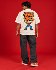 Holdin On To My 20s off-white oversized tee orange comic typography character lifting numbers back print