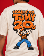 Holdin On To My 20s off-white oversized tee back close-up orange comic lettering blue halftone character cotton folds