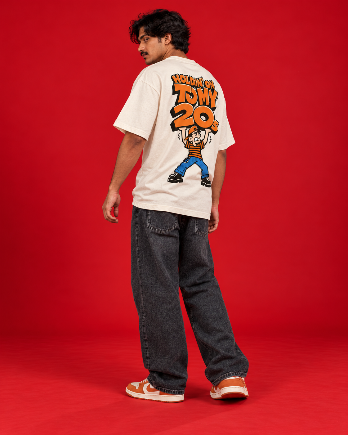 Holdin On To My 20s off-white oversized tee rear three-quarter view comic back print