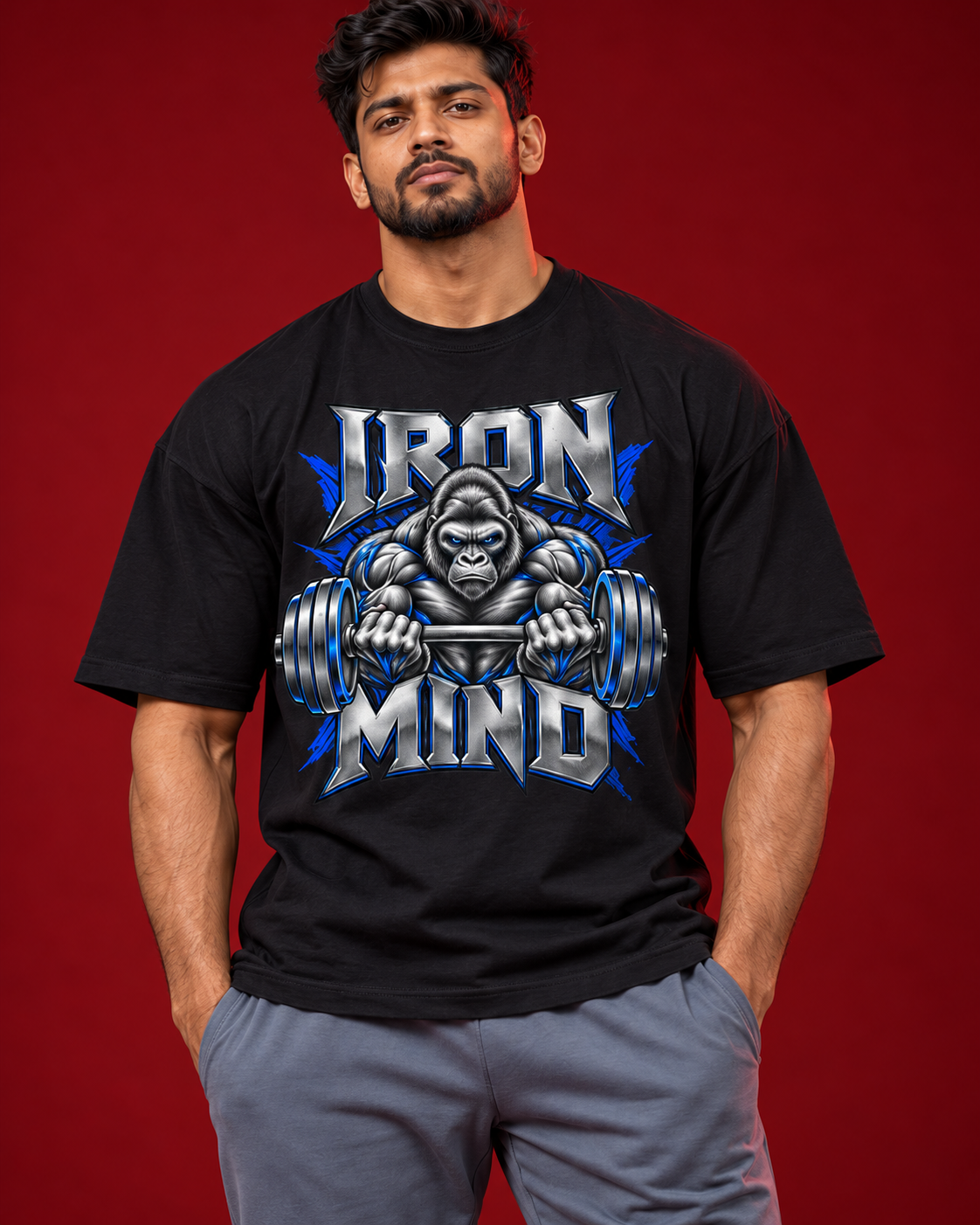 IRON MIND silver electric blue gorilla chest print close-up