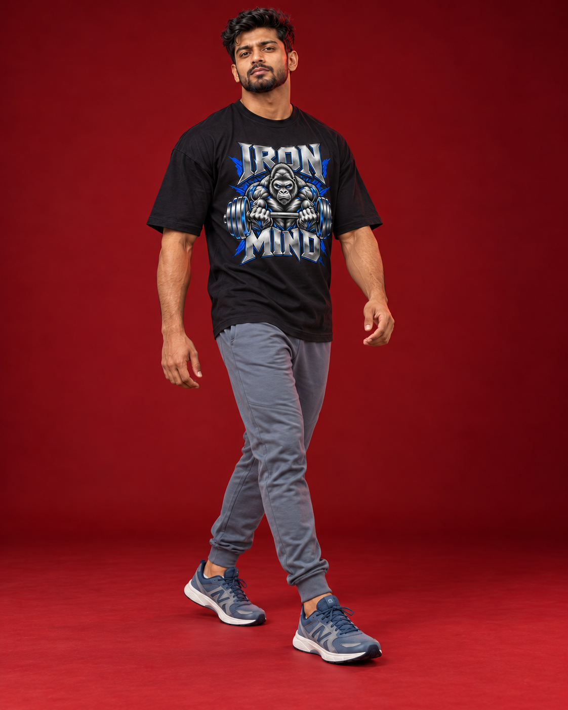 IRON MIND men's black tee three-quarter side view