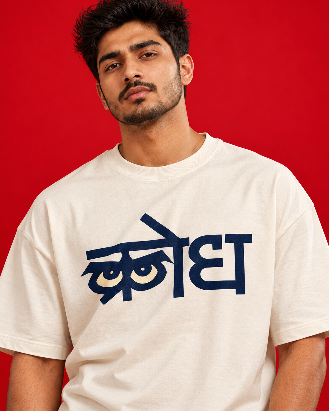 Krodh off-white oversized Marathi typography T-shirt close