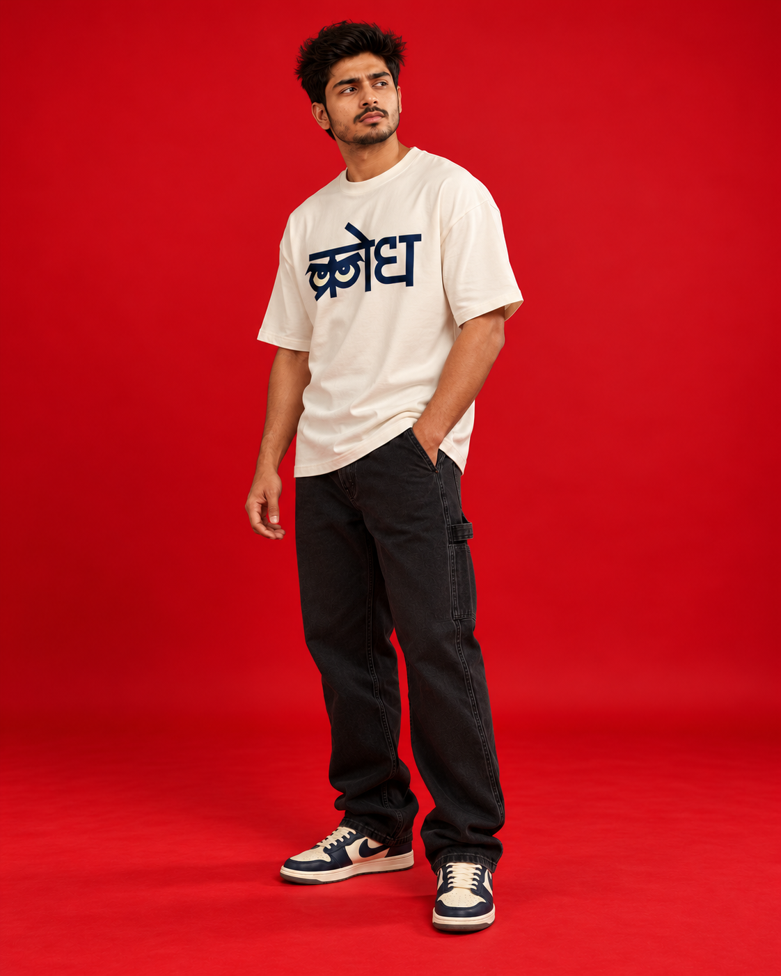 Krodh off-white oversized Marathi typography T-shirt side