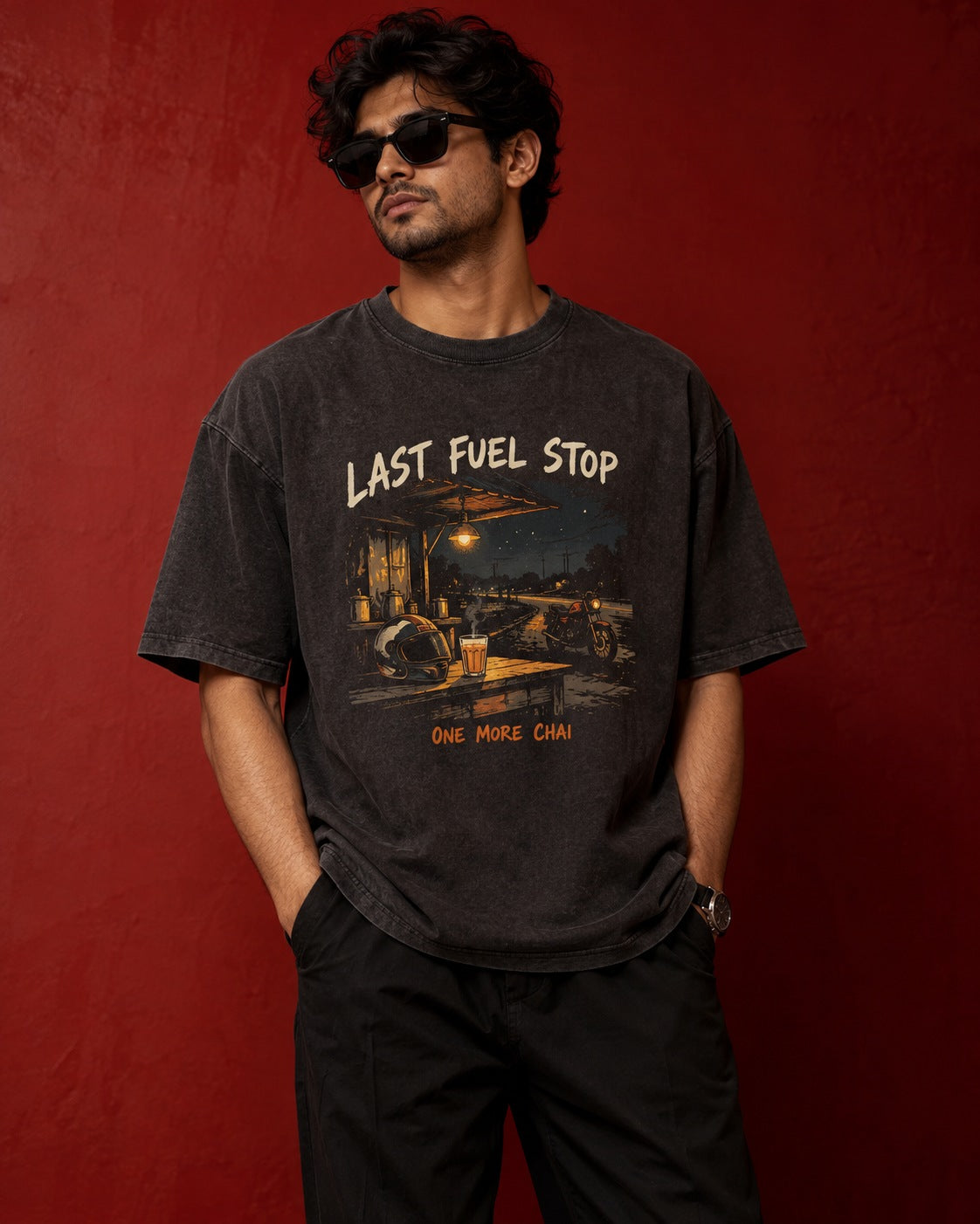 Front view of Last Fuel Stop oversized tee