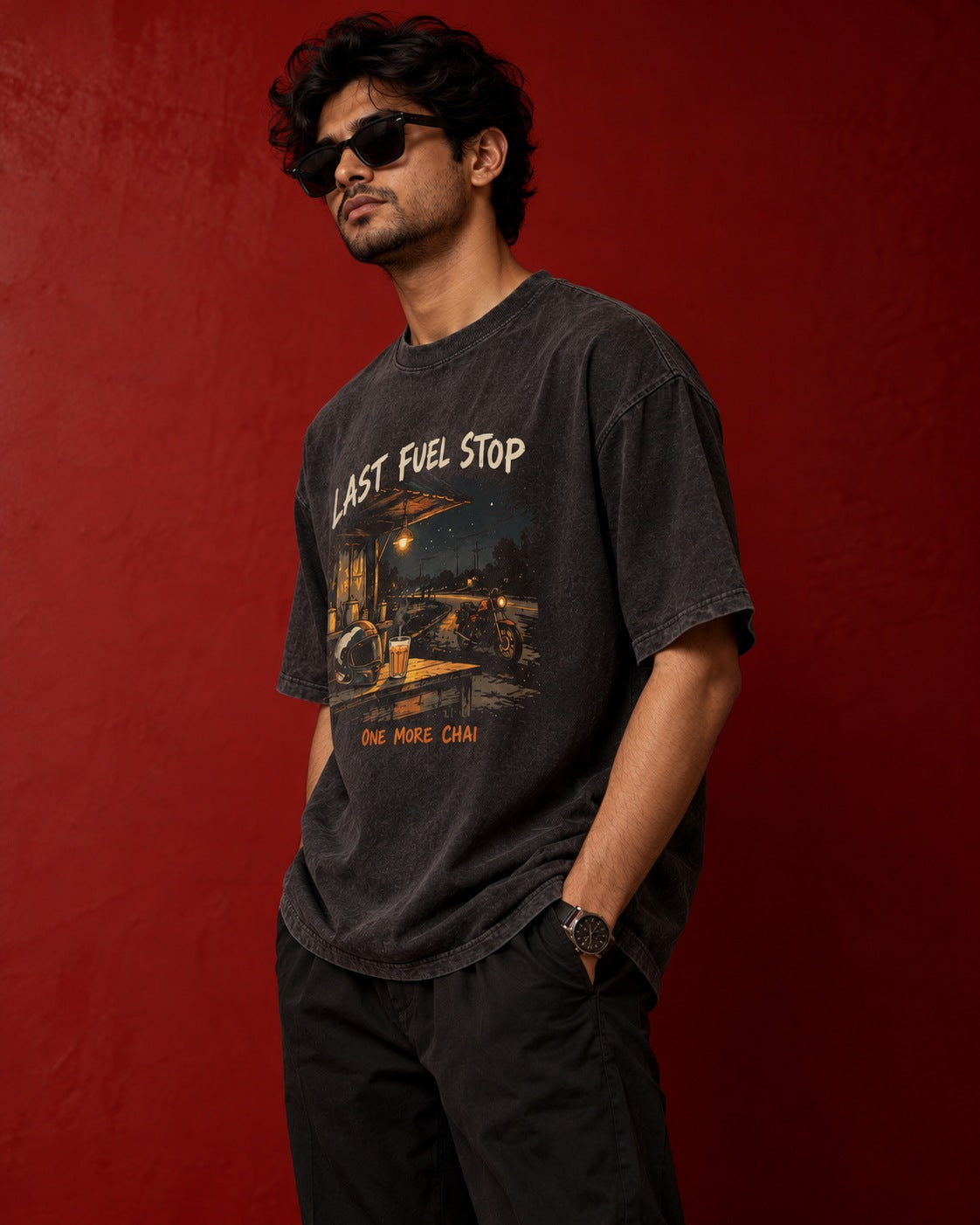Side view of Last Fuel Stop oversized tee