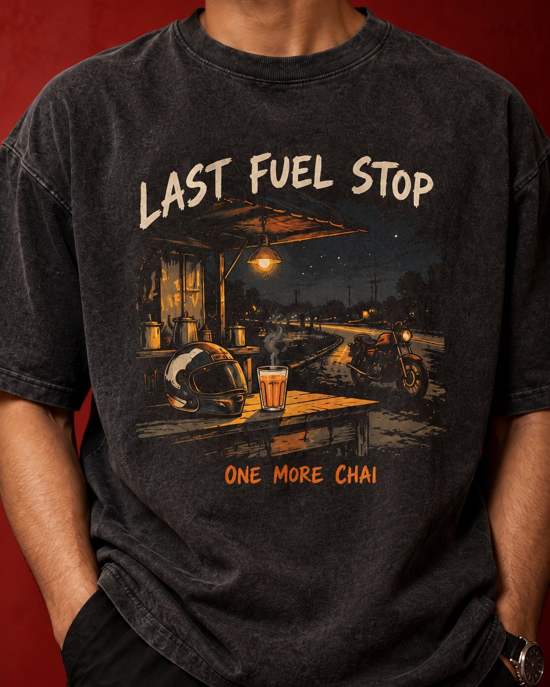 Print close-up of Last Fuel Stop oversized tee