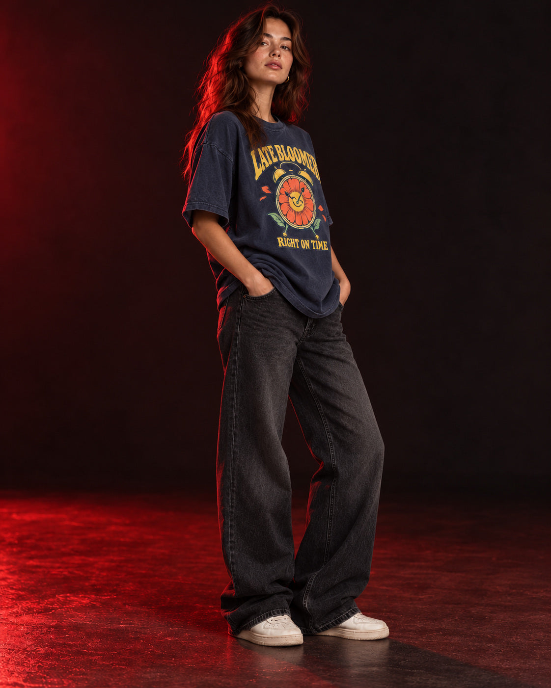 Side view of Late Bloomer oversized tee