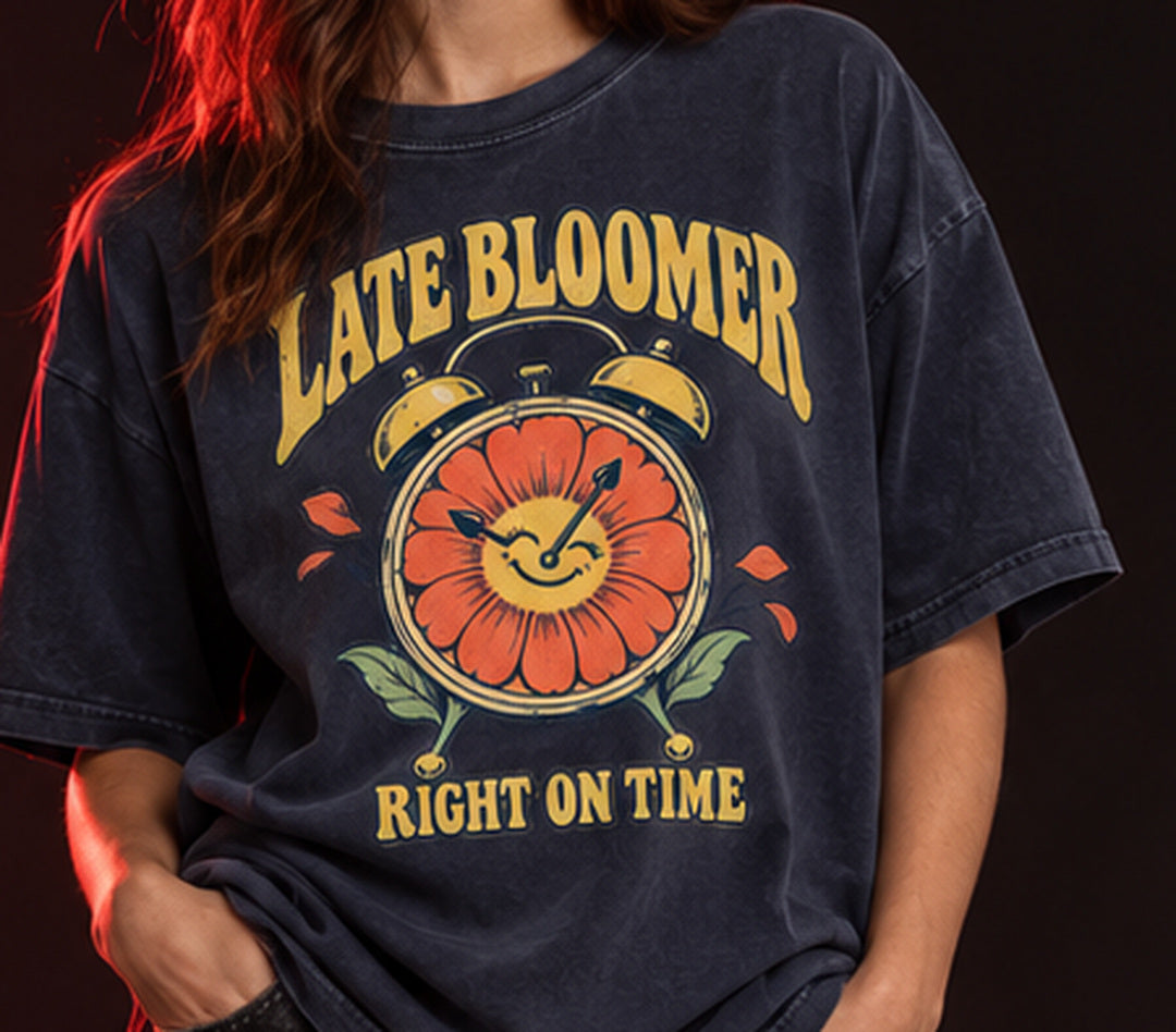 Print close-up of Late Bloomer oversized tee