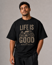 LIFE IS GOOD black oversized T-shirt close-up