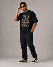 LIFE IS GOOD black oversized T-shirt three-quarter pose