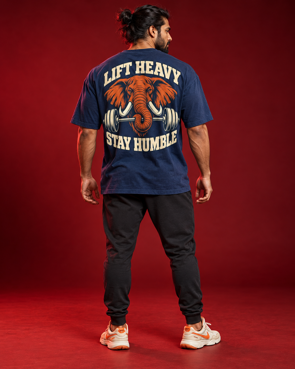 LIFT HEAVY STAY HUMBLE men's blue gym tee elephant back print