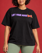 LIFT YOUR MOOD lilac and coral chest illustration close-up
