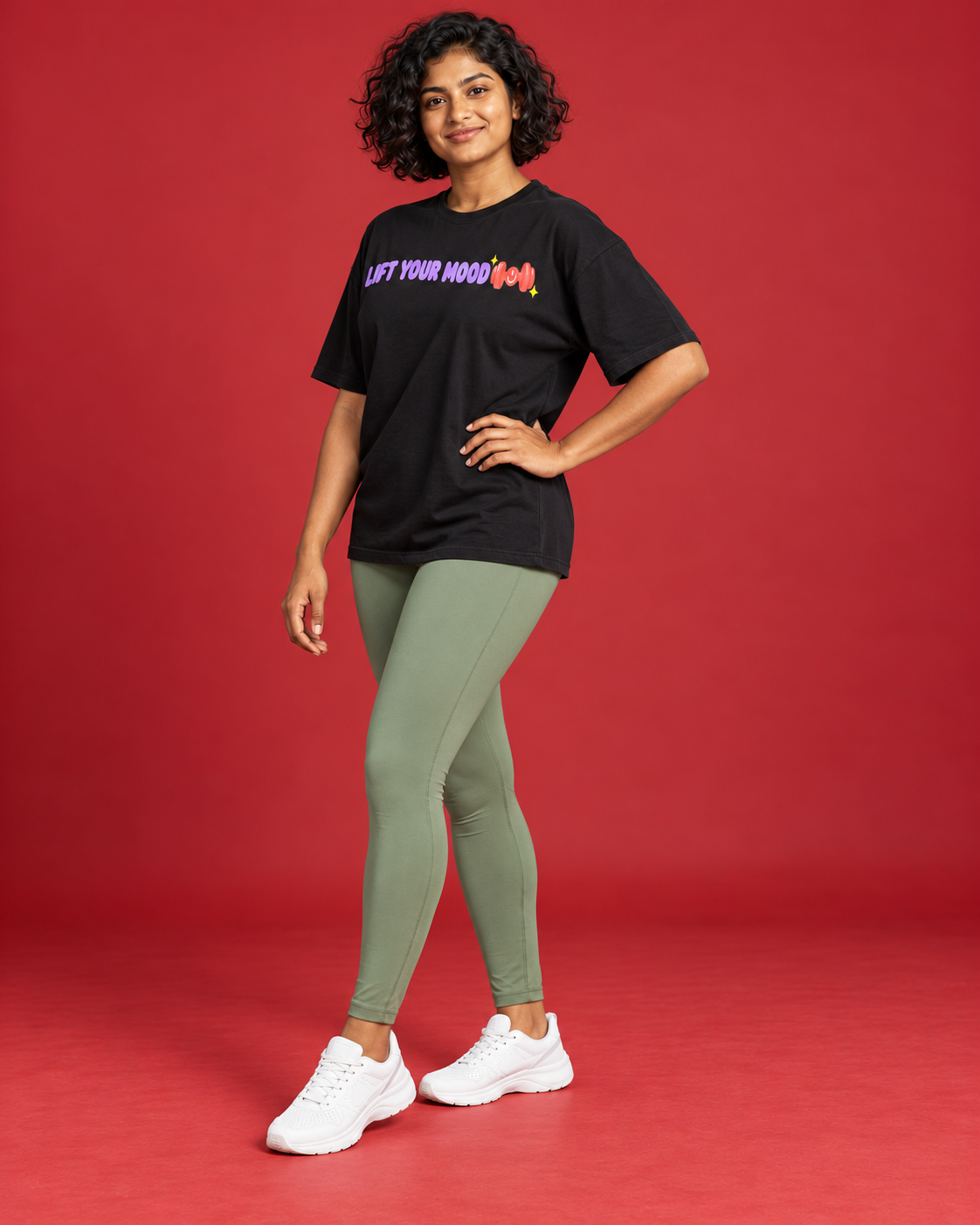 LIFT YOUR MOOD women's black tee three-quarter side