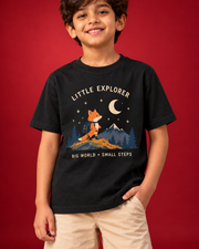 Little Explorer black kids tee closeup
