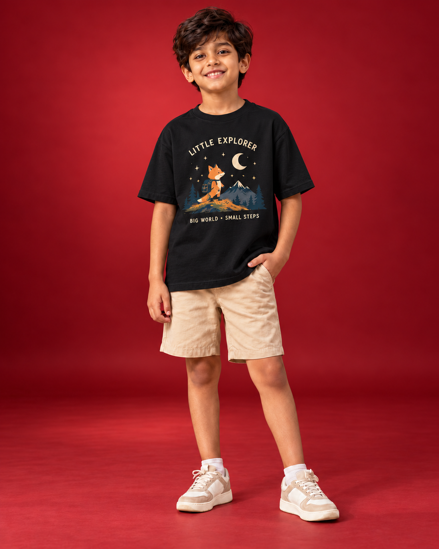 Little Explorer black kids tee front