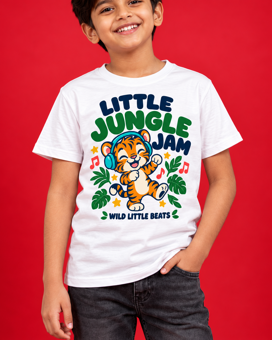 Little Jungle Jam white kids tee closeup