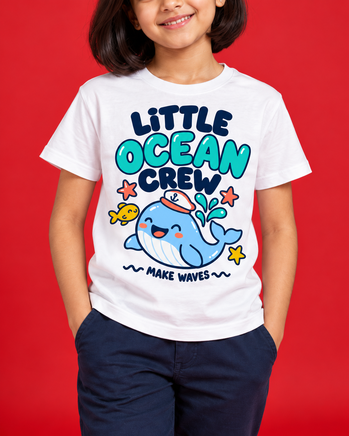 Little Ocean Crew white kids tee closeup