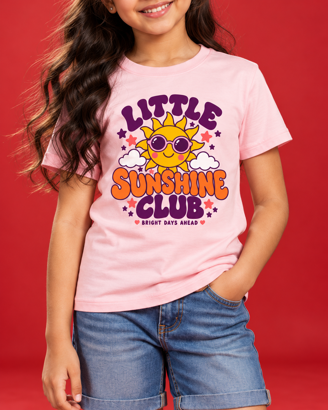 Little Sunshine Club pink kids tee closeup
