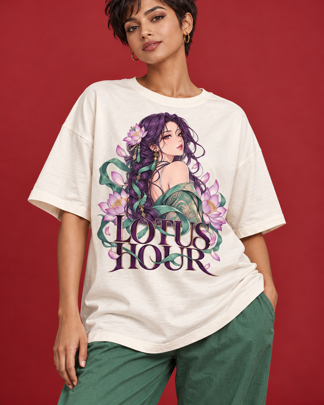 LOTUS HOUR lavender jade manga print cotton close-up