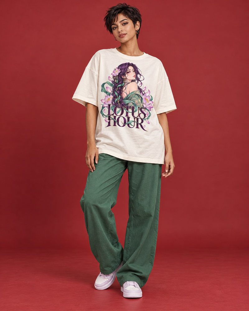 LOTUS HOUR — WOMEN'S OFF-WHITE OVERSIZED T-SHIRT
