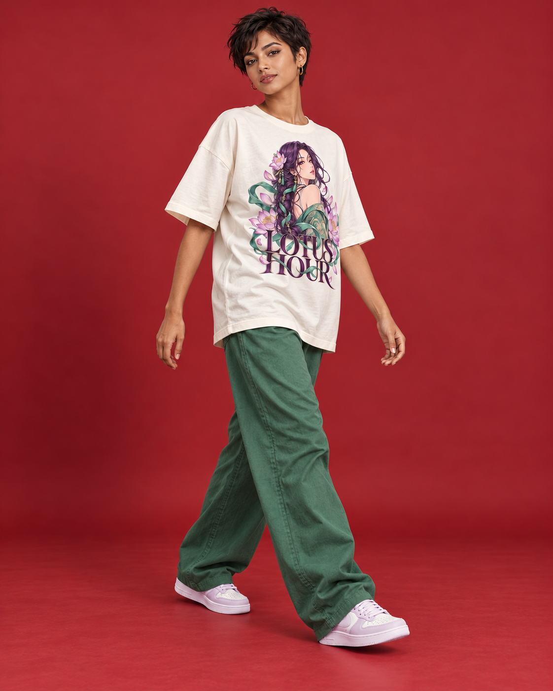LOTUS HOUR off-white women's tee walking three-quarter view
