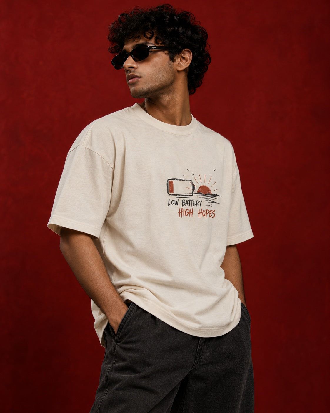 Side view of Low Battery High Hopes tee